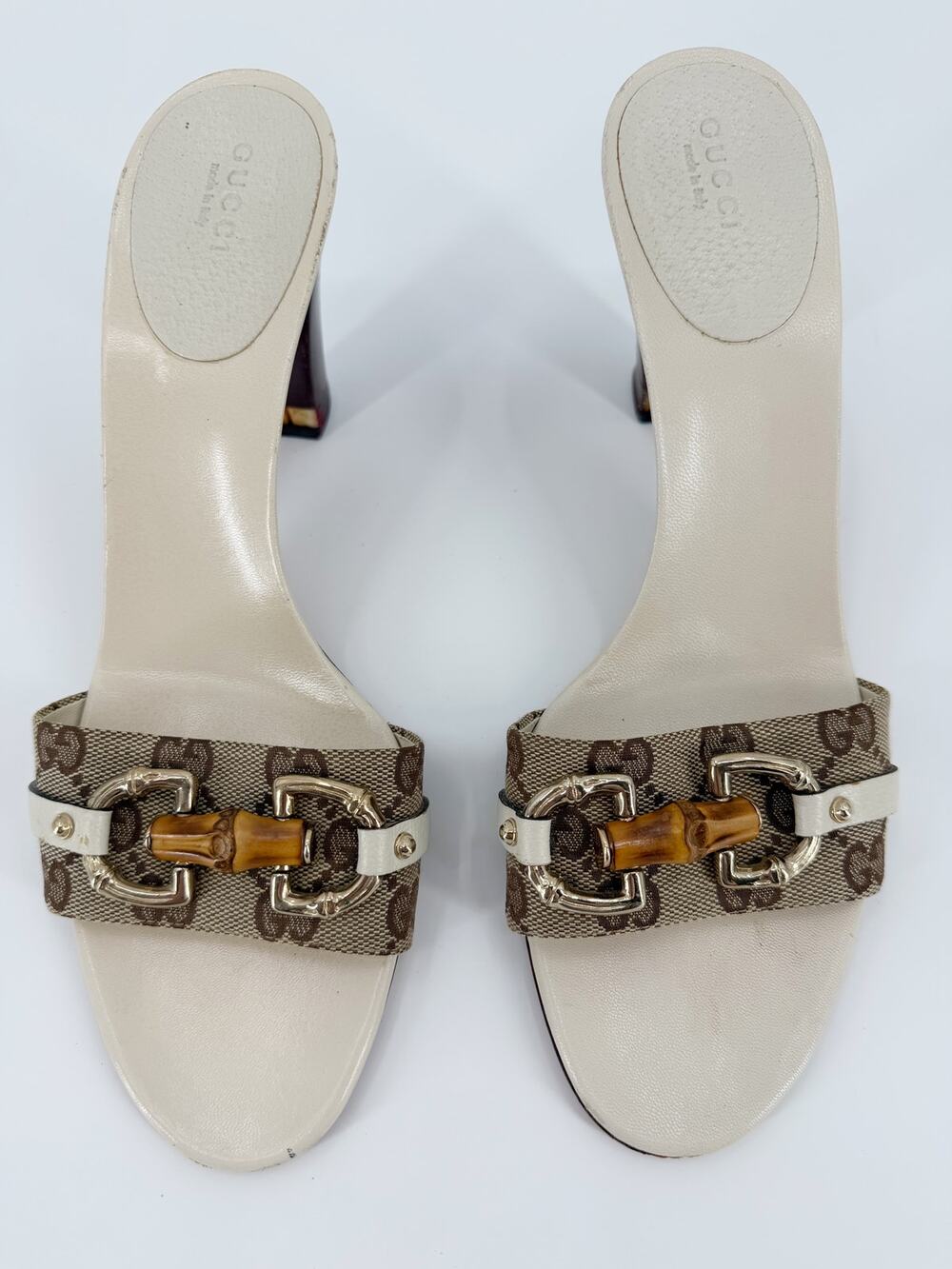 Gucci Tom Ford Monogram Horsebit Bamboo Heel Sandals Mule Slides White 39.5 9.5